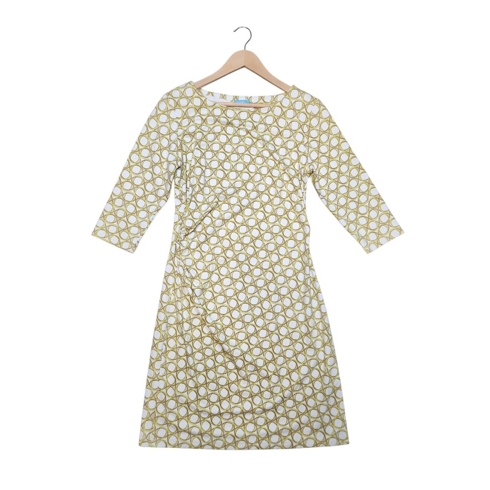 J.McLaughlin Catalina Ruched Dress Geometric Yellow Gold Boat Neck Preppy M